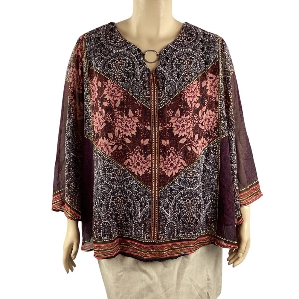 Cato Sheer Sleeve Boho Print Keyhole Blouse 22/24W Burgundy Black